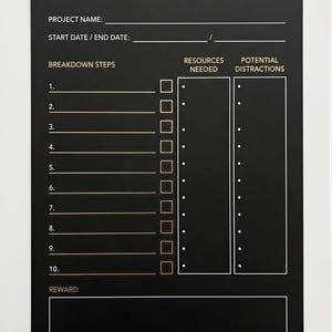 The image is a black and gold project planning template for a Hyperfocus project planner. It includes a list of steps and a breakdown of resources needed, as well as a reward system.
