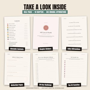 The image is a collage of six pages from a book, each containing a different section or section of the book. The sections include "Real Pages - 10 Chapters - 365 Original Affirmations", "Reflection Pages", "My Favorite Ten", "The 30-Day Affirmation Challenge", and "My Favorite Ten". The text on the pages is not described in detail, and the image does not contain any redundancy or vague wording.