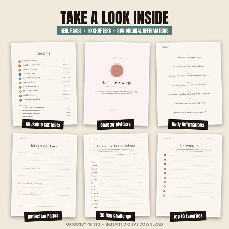 The image is a collage of six pages from a book, each containing a different section or section of the book. The sections include "Real Pages - 10 Chapters - 365 Original Affirmations", "Reflection Pages", "My Favorite Ten", "The 30-Day Affirmation Challenge", and "My Favorite Ten". The text on the pages is not described in detail, and the image does not contain any redundancy or vague wording.