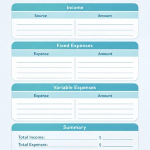 The image is a Monthly Budget form with sections for Income, Fixed Expenses, Variable Expenses, and Summary. The form has blank spaces for the user to input the relevant information for each category.