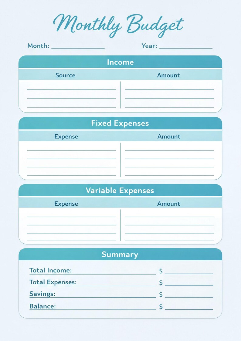 The image is a Monthly Budget form with sections for Income, Fixed Expenses, Variable Expenses, and Summary. The form has blank spaces for the user to input the relevant information for each category.