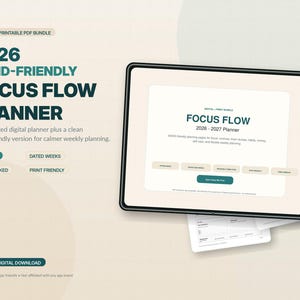 The image is an advertisement for a digital printout bundle for a focus flow planner. It features a tablet displaying the focus flow planner interface, along with text providing details about the bundle.