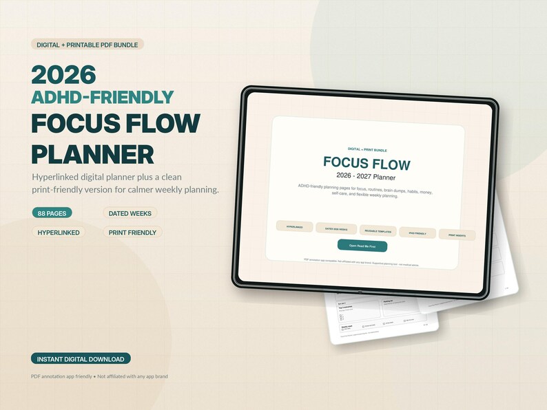 The image is an advertisement for a digital printout bundle for a focus flow planner. It features a tablet displaying the focus flow planner interface, along with text providing details about the bundle.