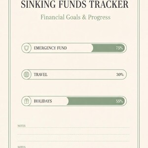 The image is a financial goals and progress tracker that allows users to track their financial goals and progress. It includes three bars representing different financial goals: emergency fund, travel, and holidays. The emergency fund bar is 75%, the travel bar is 30%, and the holidays bar is 55%. The image also includes a note section for notes and a states section for states, providing a space for users to record additional information or updates related to their financial goals.