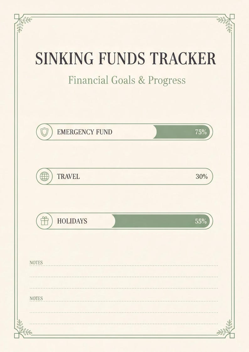 The image is a financial goals and progress tracker that allows users to track their financial goals and progress. It includes three bars representing different financial goals: emergency fund, travel, and holidays. The emergency fund bar is 75%, the travel bar is 30%, and the holidays bar is 55%. The image also includes a note section for notes and a states section for states, providing a space for users to record additional information or updates related to their financial goals.