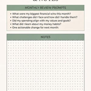 a form with a grid of dots, which appears to be a form for a financial reflection and notes. The form includes prompts for reflection and notes about financial wins and challenges, as well as spending habits and goals.