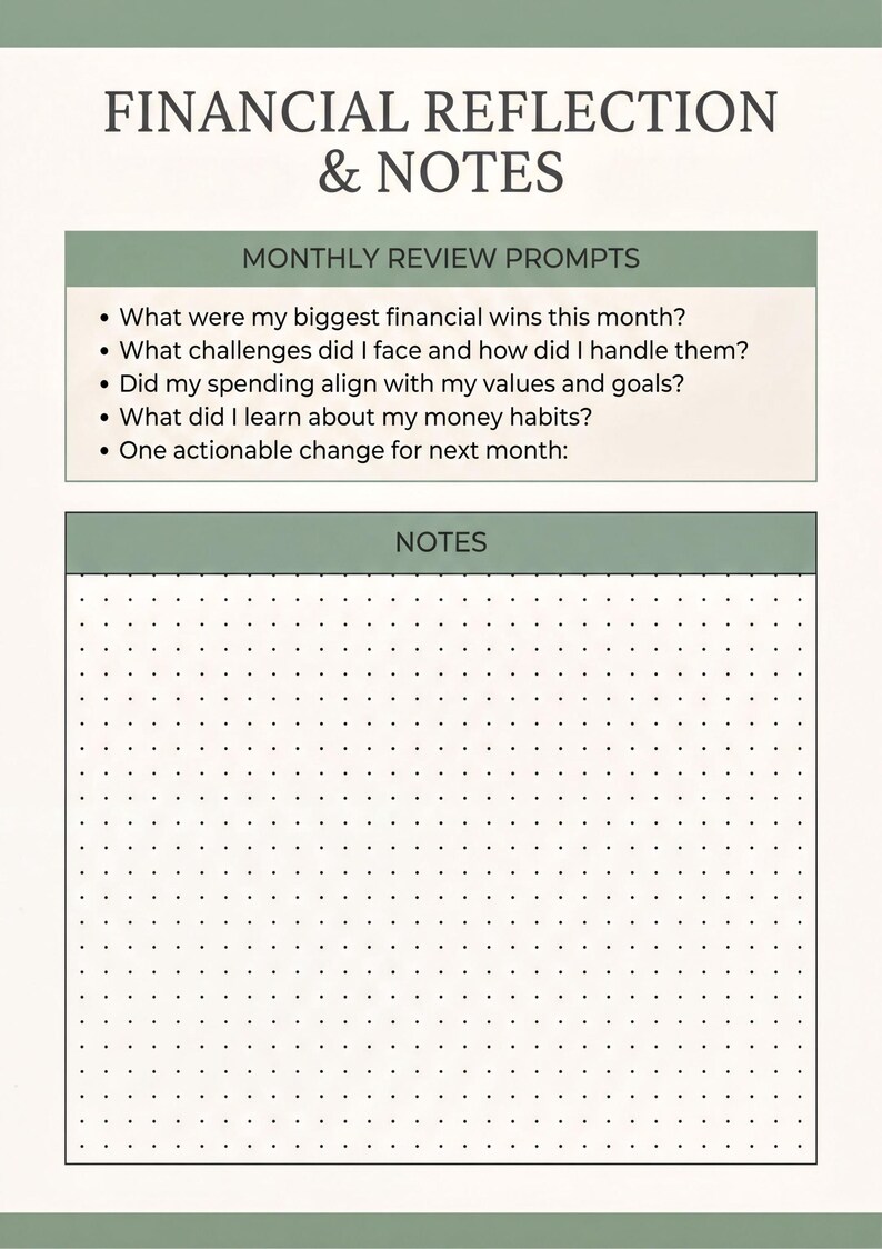 a form with a grid of dots, which appears to be a form for a financial reflection and notes. The form includes prompts for reflection and notes about financial wins and challenges, as well as spending habits and goals.