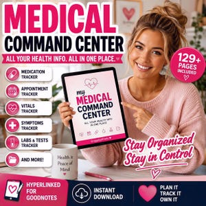 The image is an advertisement for a medical command center, featuring a smiling woman holding a tablet device. The text highlights the center's ability to provide all health information in one place, with features such as medication tracking, appointment scheduling, vitamins, symptoms, lab tests, and more. The ad emphasizes the importance of staying organized and in control of one's health, and includes a call to action for the viewer to download the center's app for goodnotes.