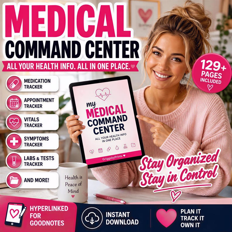 The image is an advertisement for a medical command center, featuring a smiling woman holding a tablet device. The text highlights the center's ability to provide all health information in one place, with features such as medication tracking, appointment scheduling, vitamins, symptoms, lab tests, and more. The ad emphasizes the importance of staying organized and in control of one's health, and includes a call to action for the viewer to download the center's app for goodnotes.