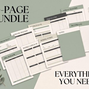 a collection of 10-page spreadsheets and notebooks, arranged on a light green background. The text "10-PAGE BUNDLE" is prominently displayed at the top, and the phrase "EVERYTHING YOU NEED" is written at the bottom.