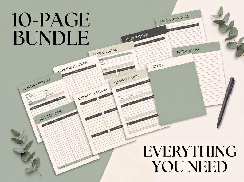 a collection of 10-page spreadsheets and notebooks, arranged on a light green background. The text "10-PAGE BUNDLE" is prominently displayed at the top, and the phrase "EVERYTHING YOU NEED" is written at the bottom.