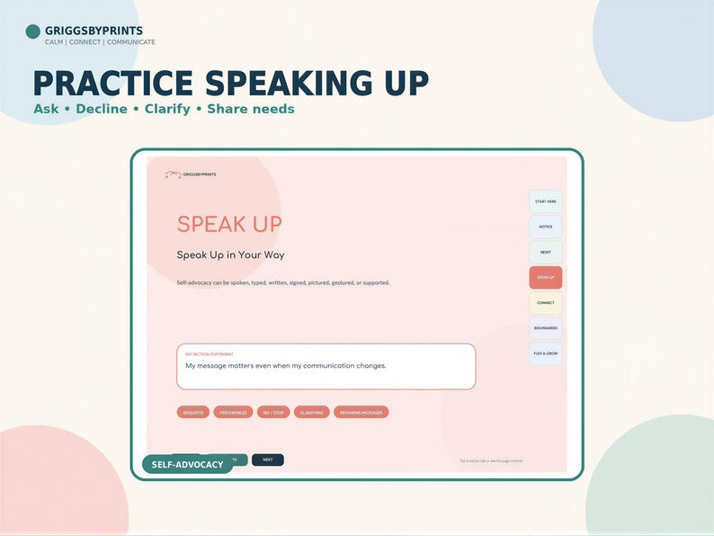 The image is a screenshot of a website or application called "Practice Speaking Up" that appears to be a self-advocacy tool. The interface has a pink background with various buttons and a text box for users to input their message and navigate through the interface.