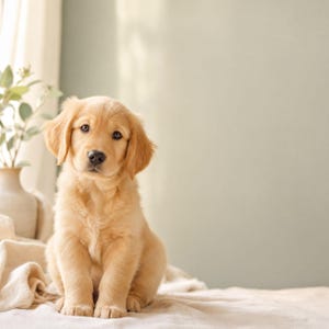 A golden retriever puppy sits on a bed, looking directly at the camera with a curious expression.