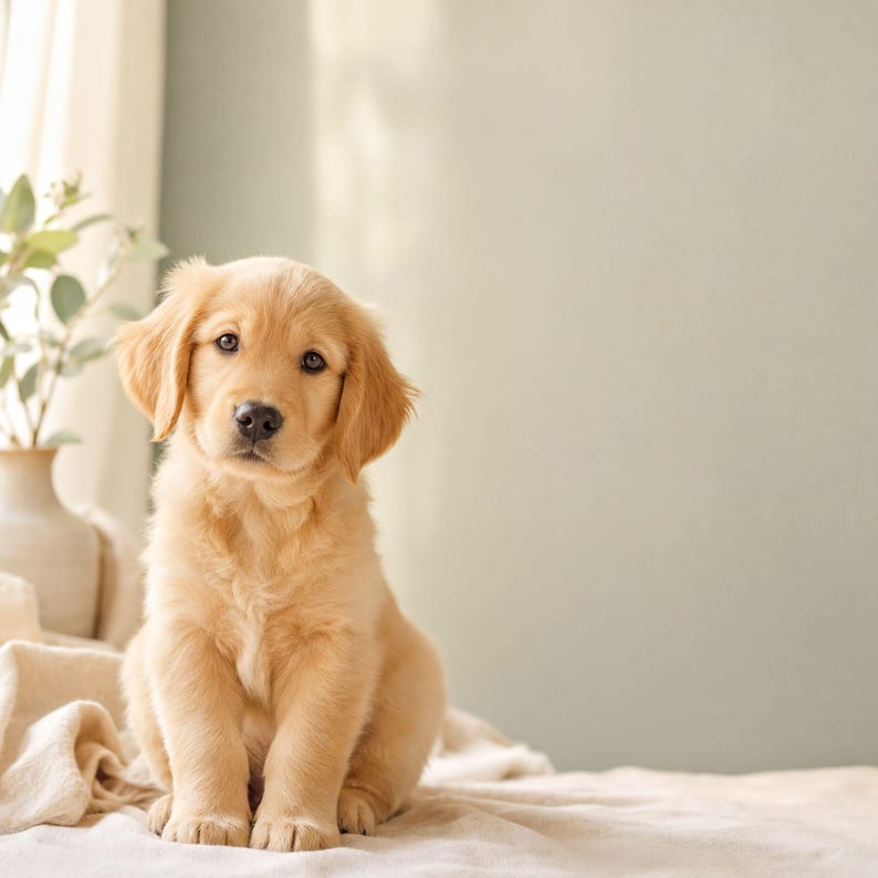 A golden retriever puppy sits on a bed, looking directly at the camera with a curious expression.