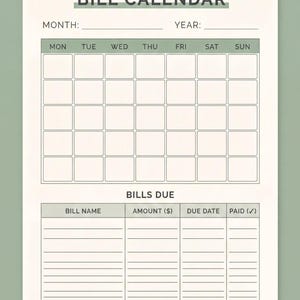 The image is a bill calendar with a blank grid layout, providing a space for tracking bills due dates and amounts.
