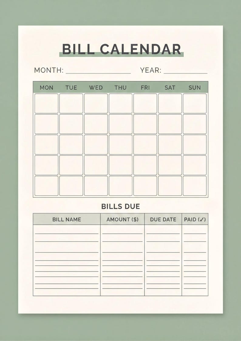The image is a bill calendar with a blank grid layout, providing a space for tracking bills due dates and amounts.