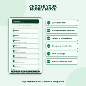 The image is a mobile device interface with a green and white color scheme, displaying a menu with various financial options and a list of features.