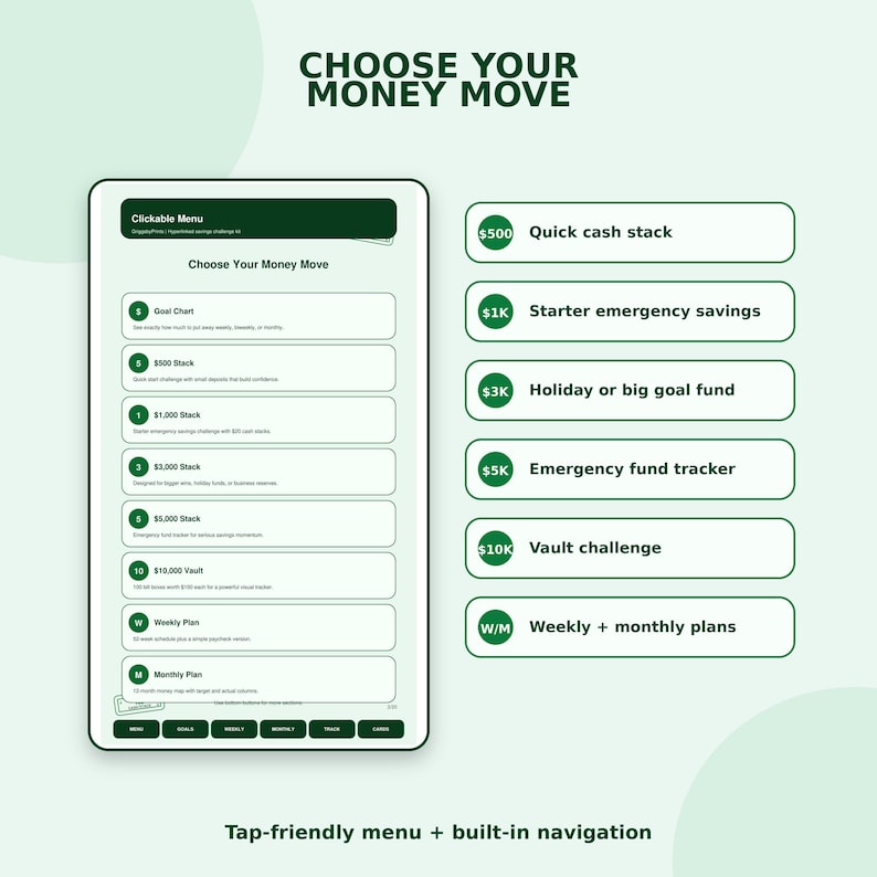 The image is a mobile device interface with a green and white color scheme, displaying a menu with various financial options and a list of features.