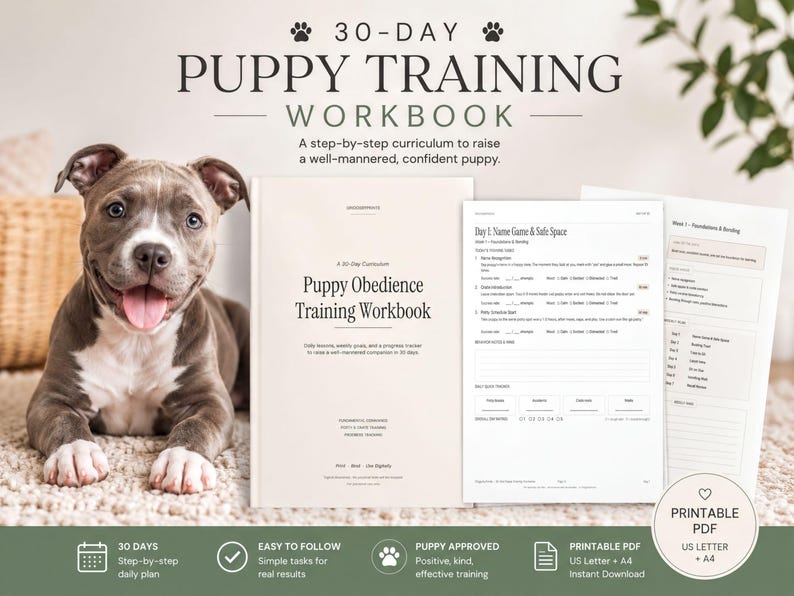The image is a promotional poster for a 30-day puppy training workbook. It features a happy dog lying on a carpet, with the title of the workbook prominently displayed. The workbook is described as a step-by-step curriculum to raise a well-mannered, confident puppy. The poster includes text highlighting the benefits of the workbook, such as 30 days, a daily routine, and a positive, kind approach to training.