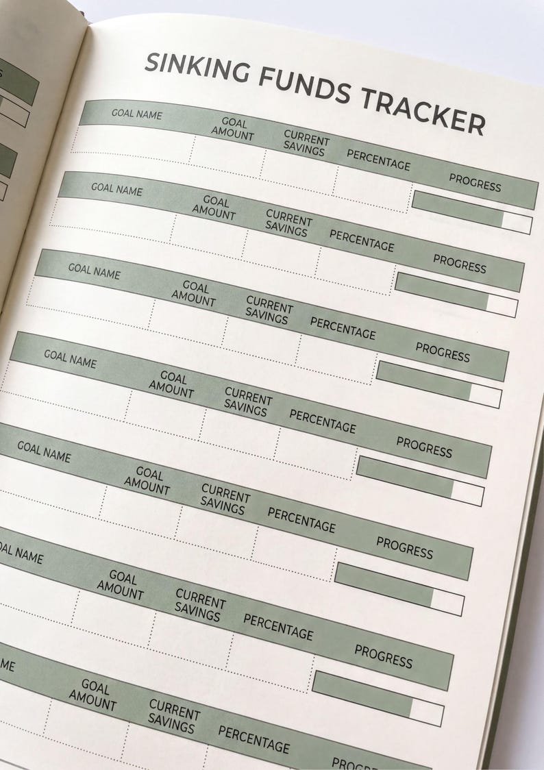 an open notebook with a goal tracking system, displaying a list of goals and their corresponding amounts.