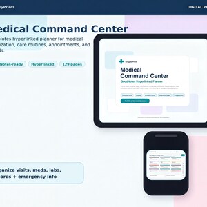 The image is a screenshot of a medical command center website, featuring a tablet and a smartphone displaying the Medical Command Center interface.