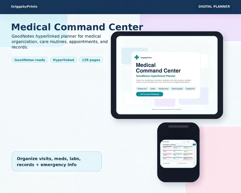 The image is a screenshot of a medical command center website, featuring a tablet and a smartphone displaying the Medical Command Center interface.