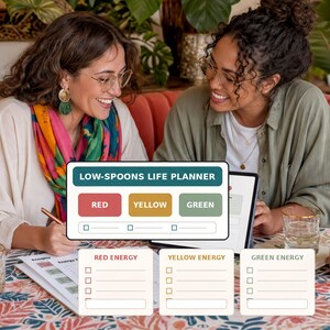 Two women are sitting at a table, smiling and looking at a laptop screen displaying a "Low-Spoons Life Planner" with color-coded sections for "RED", "YELLOW", and "GREEN ENERGY".