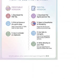 The image is a digital version of a planner that provides instructions on how to use it. It includes a step-by-step guide on how to print, use in a binder, and write directly on your device.