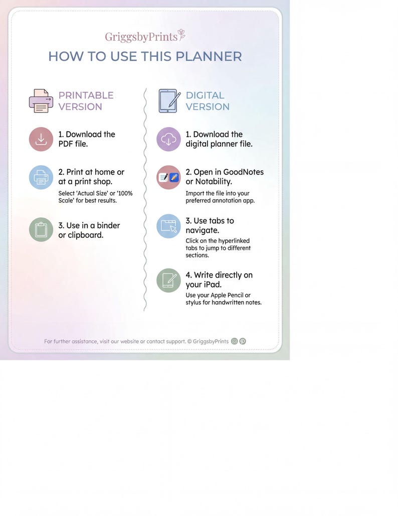 The image is a digital version of a planner that provides instructions on how to use it. It includes a step-by-step guide on how to print, use in a binder, and write directly on your device.
