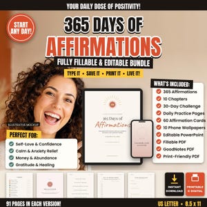 The image is an advertisement for a 365 Days of Affirmations program, featuring a smiling woman with curly hair. The ad highlights the program's benefits, such as self-love, confidence, and anxiety relief, as well as its printable versions and the included daily practice pages.