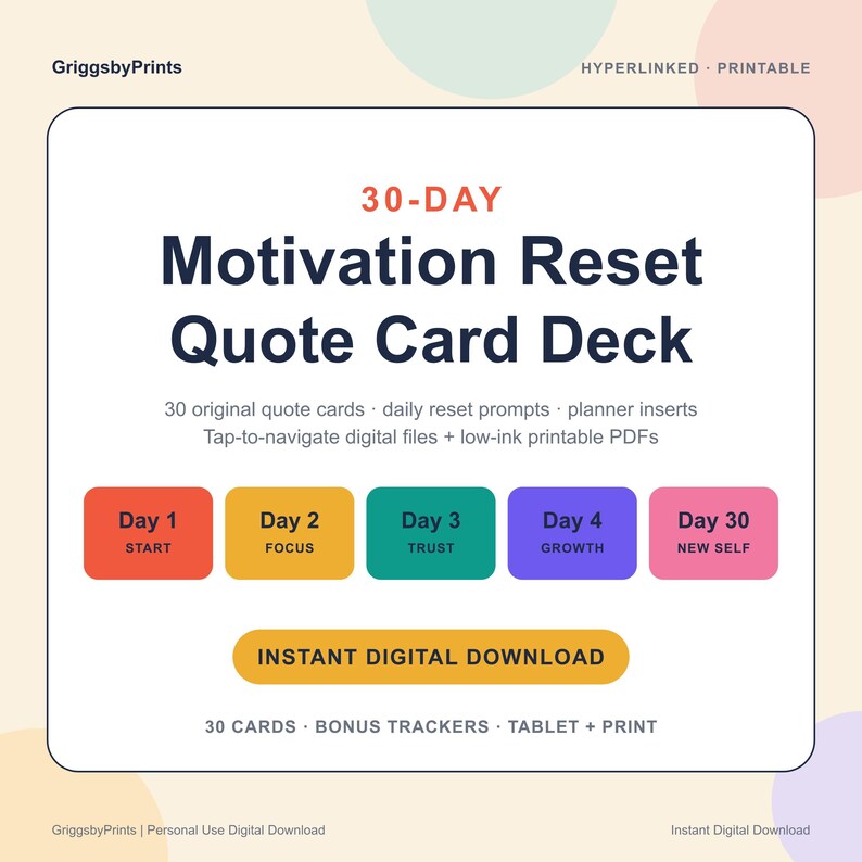 The image is a 30-day motivation quote card deck that includes 30 original quote cards, daily reset prompts, and planner inserts. It also provides access to tap-to-navigate digital files and low-ink printable PDFs. The quote cards are designed to help users focus on their goals and trust in the process. The deck is available in printable format, and it offers instant digital download.