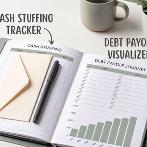 an open notebook with a cash stuffing tracker and a Debt Payoff Visualizer on the pages. The notebook has a pen and an envelope on the left page, and there are two coffee mugs on the right side of the notebook.