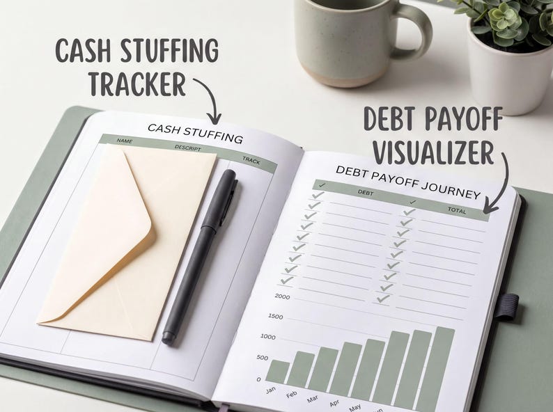 an open notebook with a cash stuffing tracker and a Debt Payoff Visualizer on the pages. The notebook has a pen and an envelope on the left page, and there are two coffee mugs on the right side of the notebook.