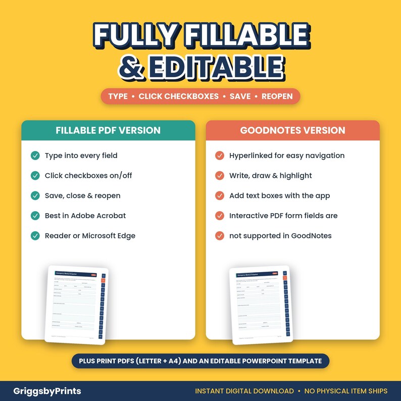 The image is a comparison of two different versions of a document editing and editing software, highlighting the differences between the FILLABLE PDF Version and the GOODNOTES Version.
