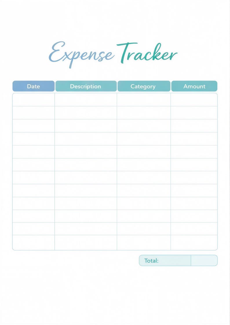 The image is a blank expense tracking form with columns for date, description, category, and amount. The form appears to be designed for tracking and recording expenses.
