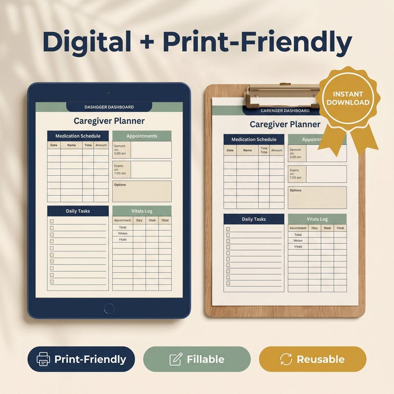 two planners, a tablet and a clipboard, both labeled as "Caregiver Planner" and "Caregiver Planner" with a "Digital + Print-Friendly" label. The planners are presented in a digital format, with a "Caregiver Planner" and a "Caregiver Planner" on the tablet and a "Caregiver Planner" and "Caregiver Planner" on the clipboard. The planners are described as "Print-Friendly" and "Reusable" with a "Print-Friendly" button and a "Reusable" button.