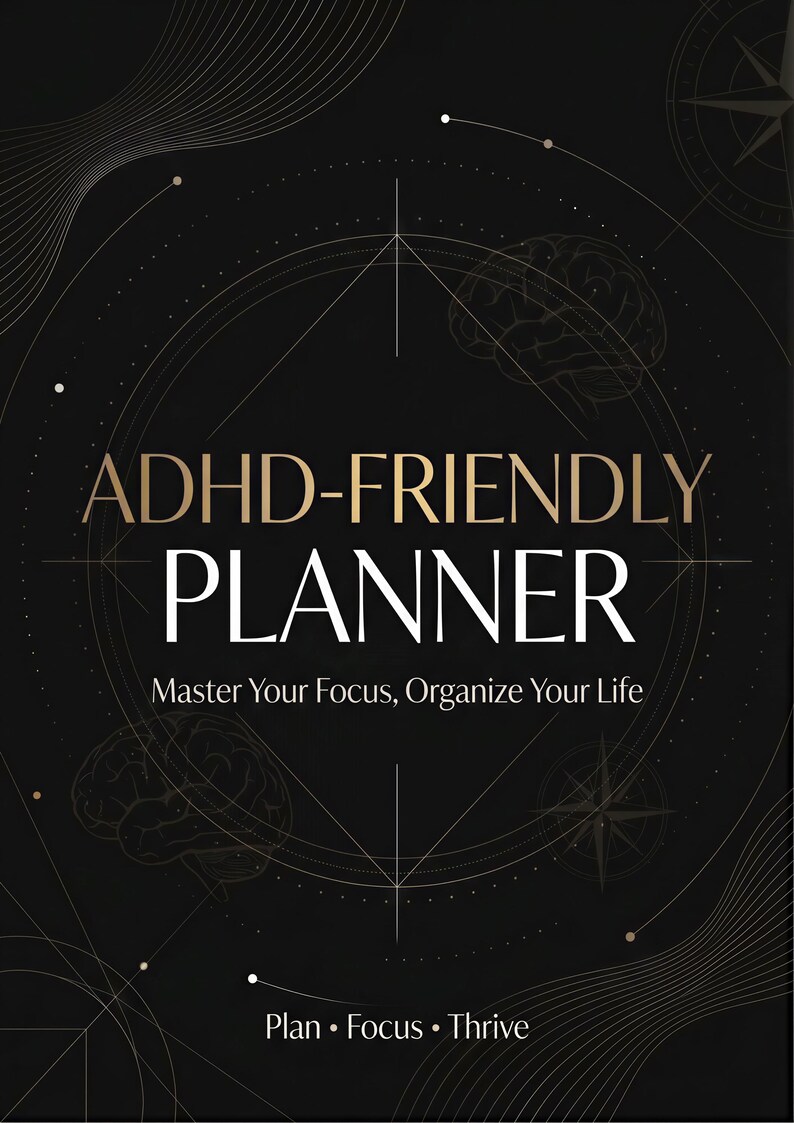 The image is a cover of a book titled "ADHD-Friendly Planner" with a black background and gold text.