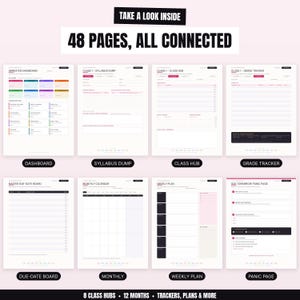 The image is a collection of 48 pages from a planner or schedule, each with different sections and features, including a dashboard, a syllabus dump, a class hub, a grade tracker, a daily planner, a weekly plan, and a panic page.