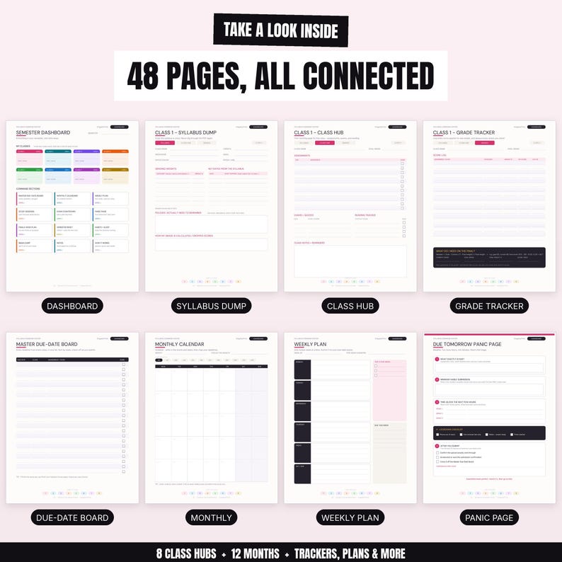 The image is a collection of 48 pages from a planner or schedule, each with different sections and features, including a dashboard, a syllabus dump, a class hub, a grade tracker, a daily planner, a weekly plan, and a panic page.