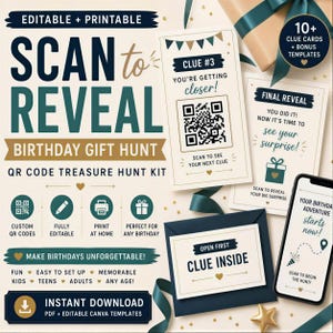 Birthday Scavenger Hunt Clue Cards, QR Code Gift Reveal, Printable Treasure Game, Surprise Trip