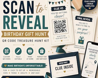 Birthday Scavenger Hunt Printable, Treasure Clue Cards Kids Teens, QR Code Gift Reveal Game