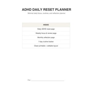 The image is a daily ADHD daily reset planner with minimal daily focus, routines, and reflection planner.