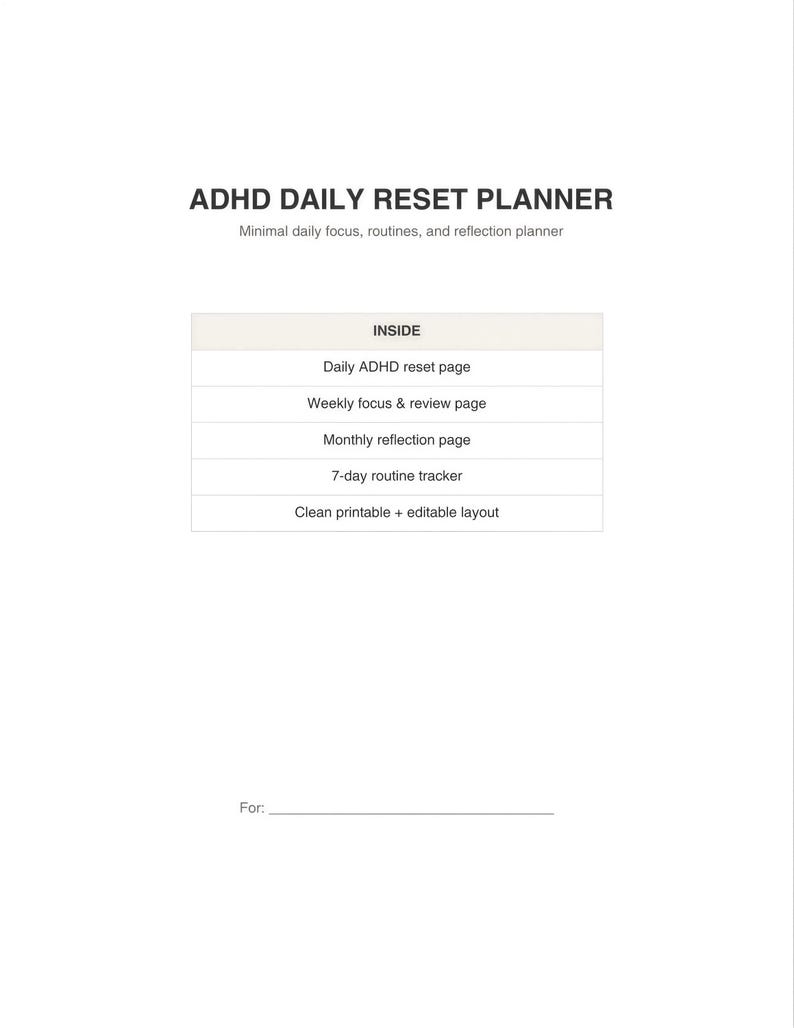 The image is a daily ADHD daily reset planner with minimal daily focus, routines, and reflection planner.