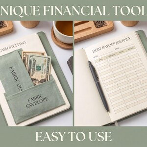 The image is a collage of two photos showing a notebook and a pen with a pocket for storing cash and a form for tracking expenses. The notebook has a pocket labeled "CASH STUFFING" and a form labeled "DEBT PAYOFF JOURNEY". The pen is placed on top of the form. The text "UNIQUE FINANCIAL TOOLS" is displayed above the images, and "EASY TO USE" is written at the bottom.