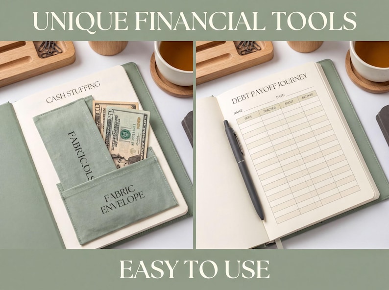 The image is a collage of two photos showing a notebook and a pen with a pocket for storing cash and a form for tracking expenses. The notebook has a pocket labeled "CASH STUFFING" and a form labeled "DEBT PAYOFF JOURNEY". The pen is placed on top of the form. The text "UNIQUE FINANCIAL TOOLS" is displayed above the images, and "EASY TO USE" is written at the bottom.