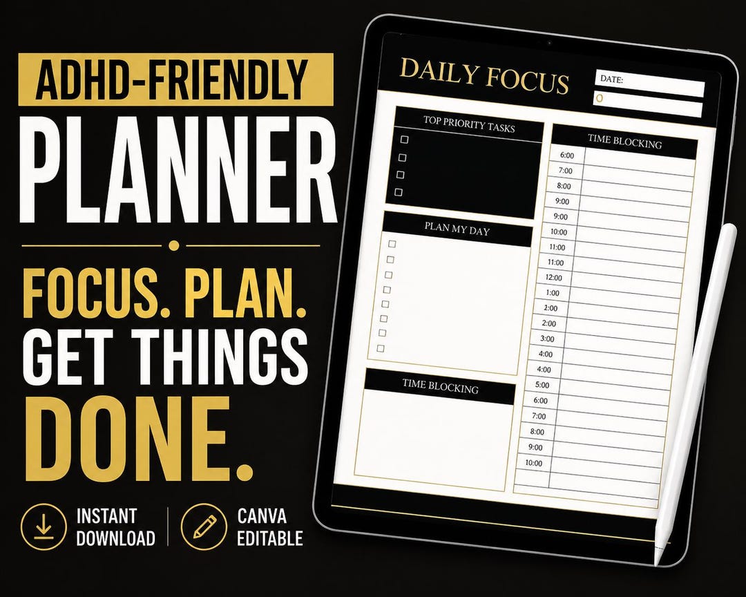 ADHD Planner Printable | Daily Focus, Habit Tracker, Time Blocking ...