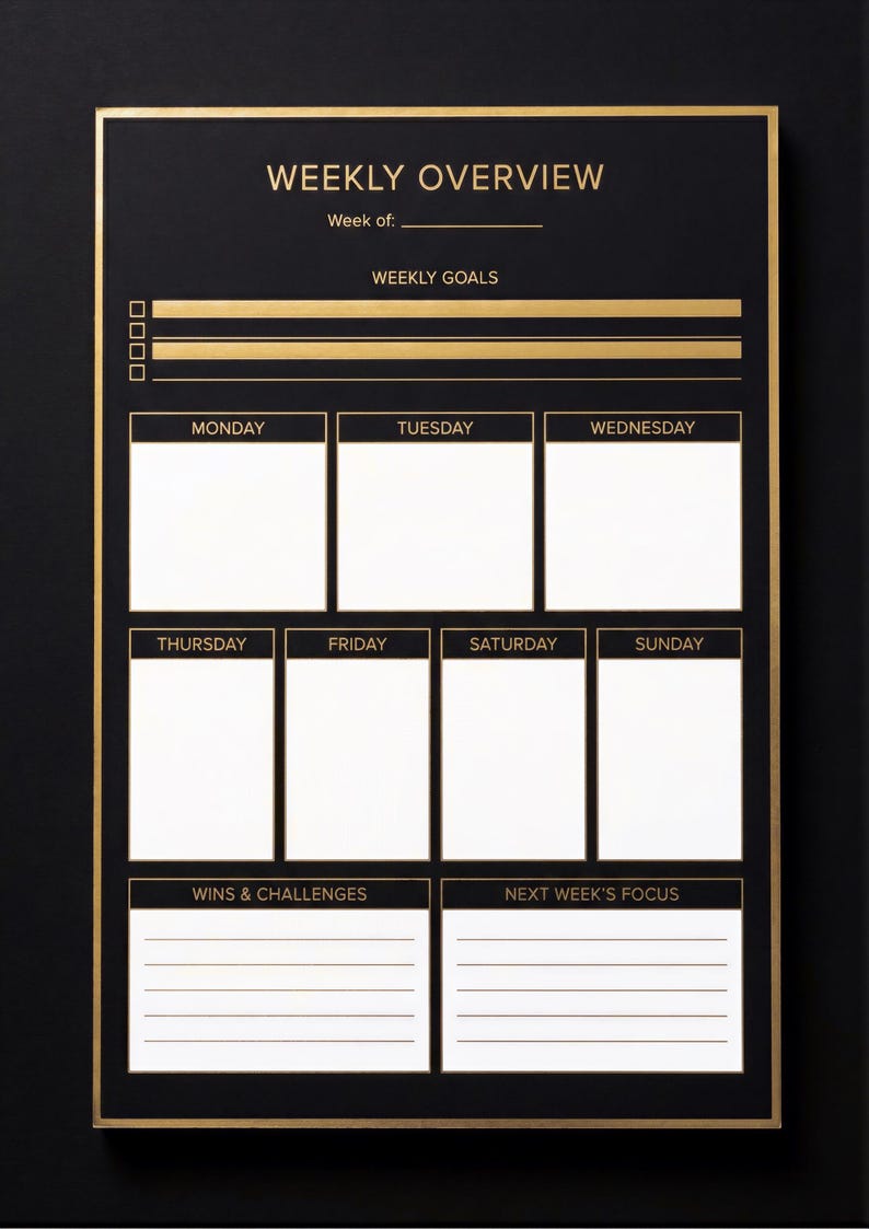 The image is a black and gold weekly overview board with a grid layout, displaying a weekly schedule and goals for each day of the week.