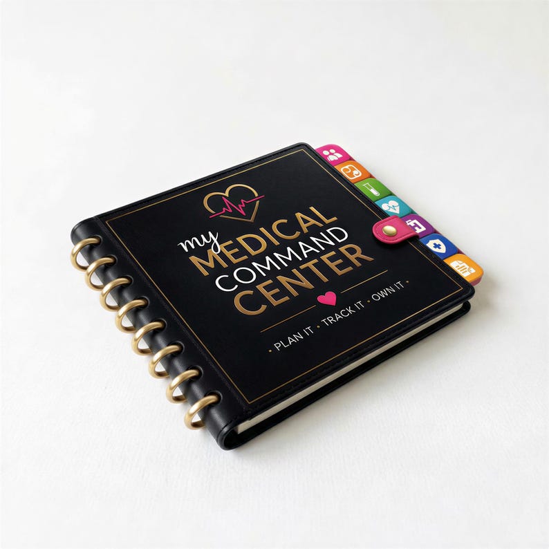 A black spiral-bound notebook with gold rings, titled "my medical command center" and featuring colorful icons on the cover.