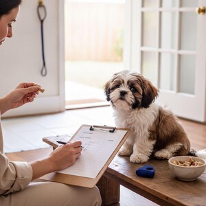 A small brown and white dog sits attentively on a wooden table, with a person sitting at the table writing on a clipboard. The table also has a bowl of dog treats and a leash hanging nearby.