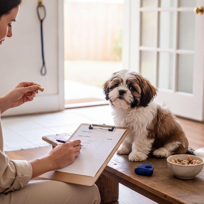 A small brown and white dog sits attentively on a wooden table, with a person sitting at the table writing on a clipboard. The table also has a bowl of dog treats and a leash hanging nearby.